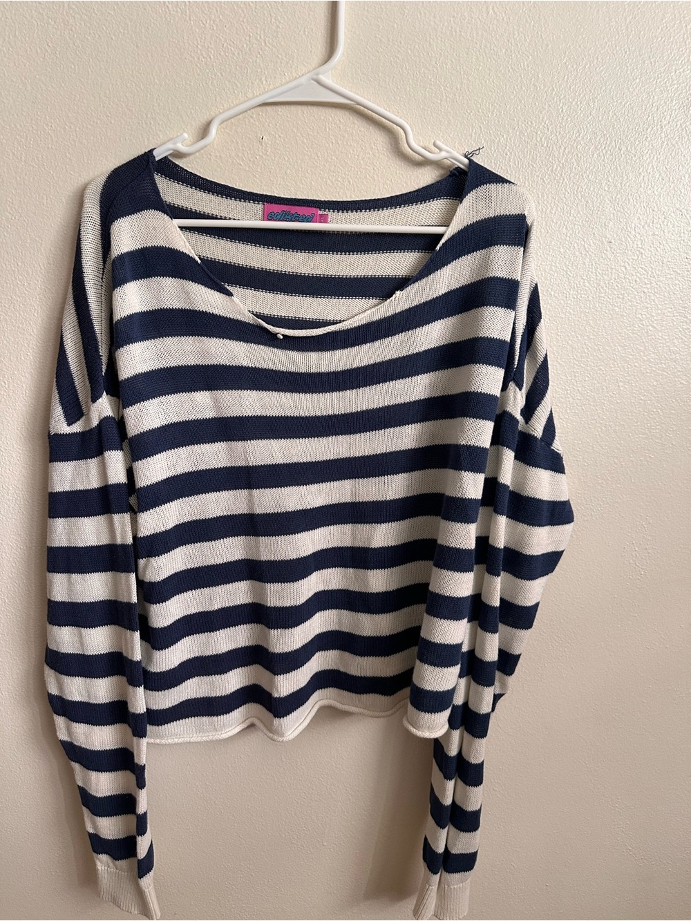 Edikted Navy and White Striped Sweater with Pink Logo Tag